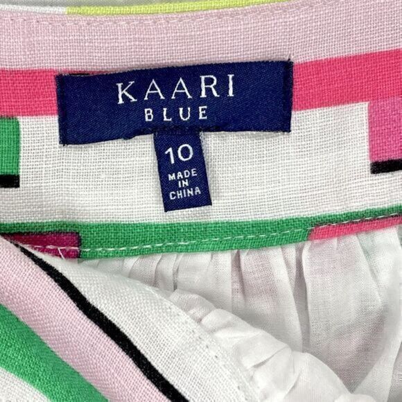 Kaari Blue Linen Pleated Skirt Womens 10 White Pink Multi Abstract Circle Mini - Picture 4 of 9